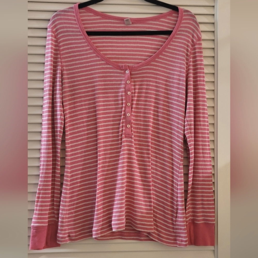 Old Navy - Pink & White Striped Ribbed Long-Sleeve Pajama Top With Buttons